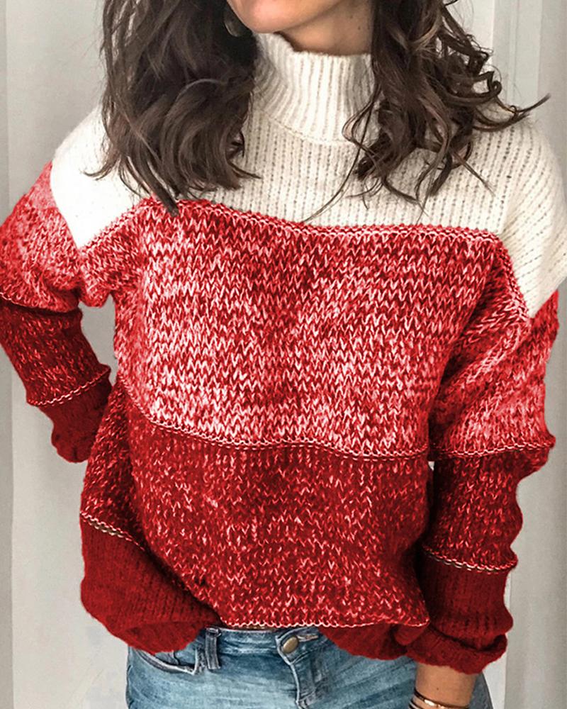 

Colorblock Striped High Neck Sweater, Red