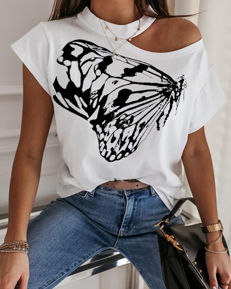 

Butterfly Print Cold Shoulder Casual T-shirt, White