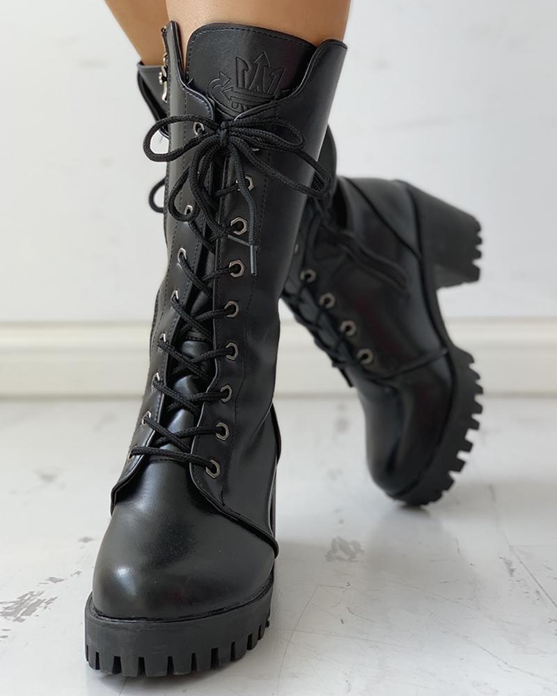 

Zipper Lace-Up Chunky Heeled Leather Boots, Black