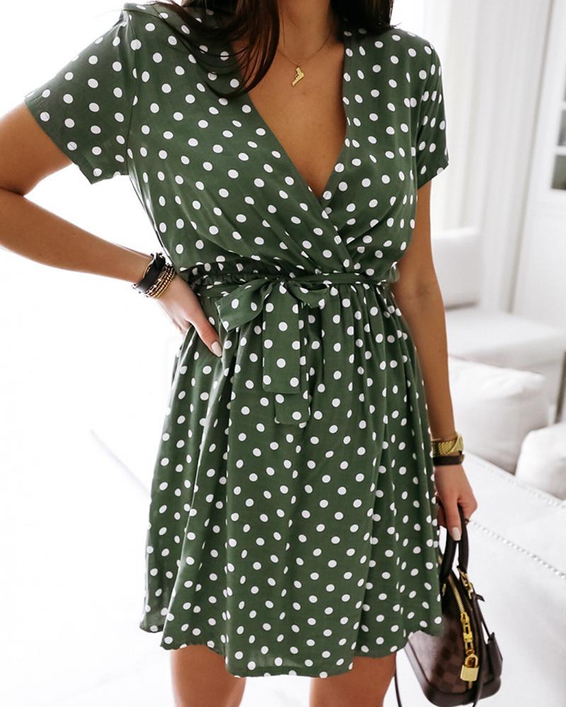

Polka Dot V-Neck Mini Dress, Green