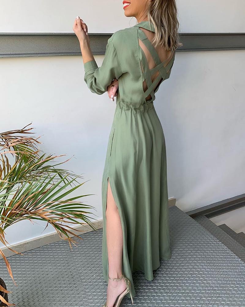 

High Slit Backless Bandage Maxi Dress, Army green