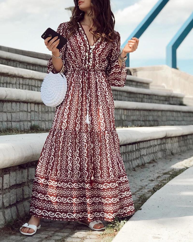 

V-Neck Long Sleeve Print Maxi Dress