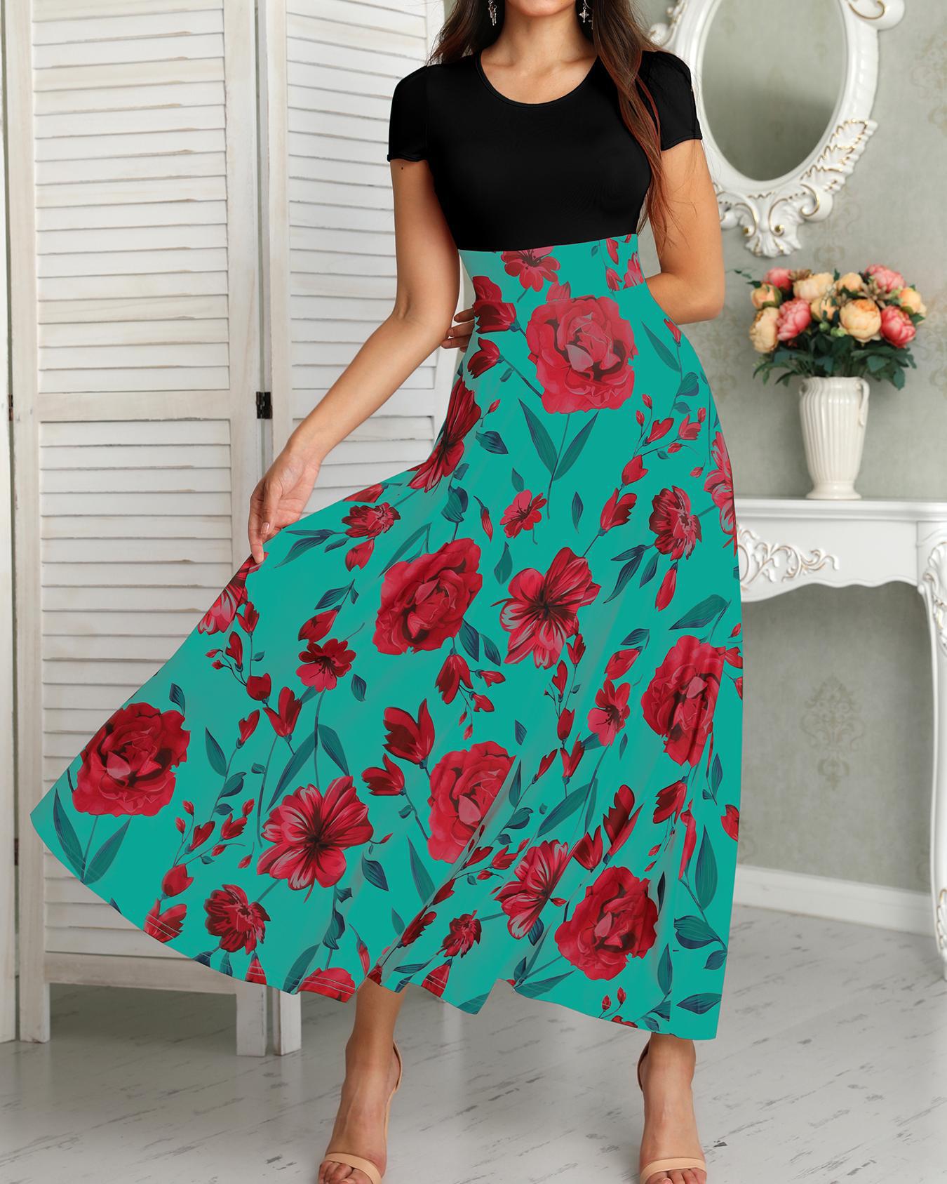 

Short Sleeve Floral Print Maxi Dress, Black