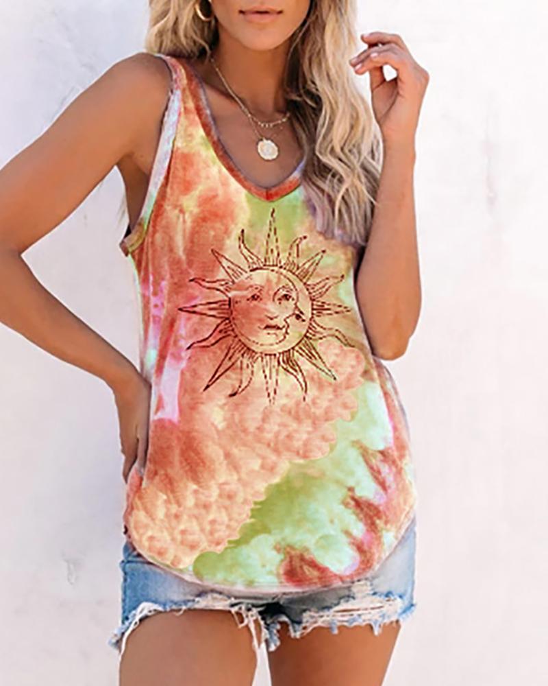 

Sun Tie Dye Print Casual Tank Top, Orange