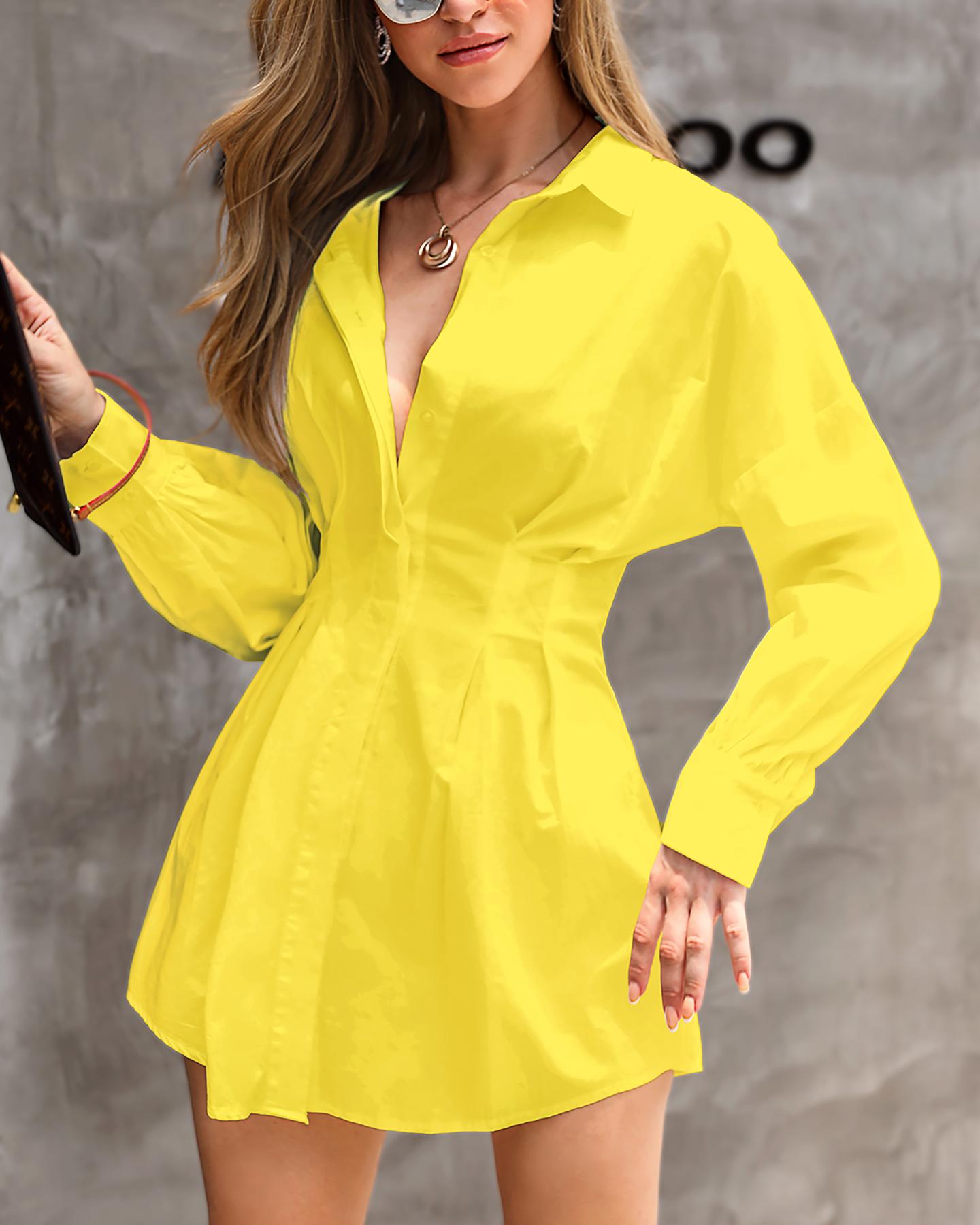 

Solid Long Sleeve Tight Waist Shirt Dress, Yellow