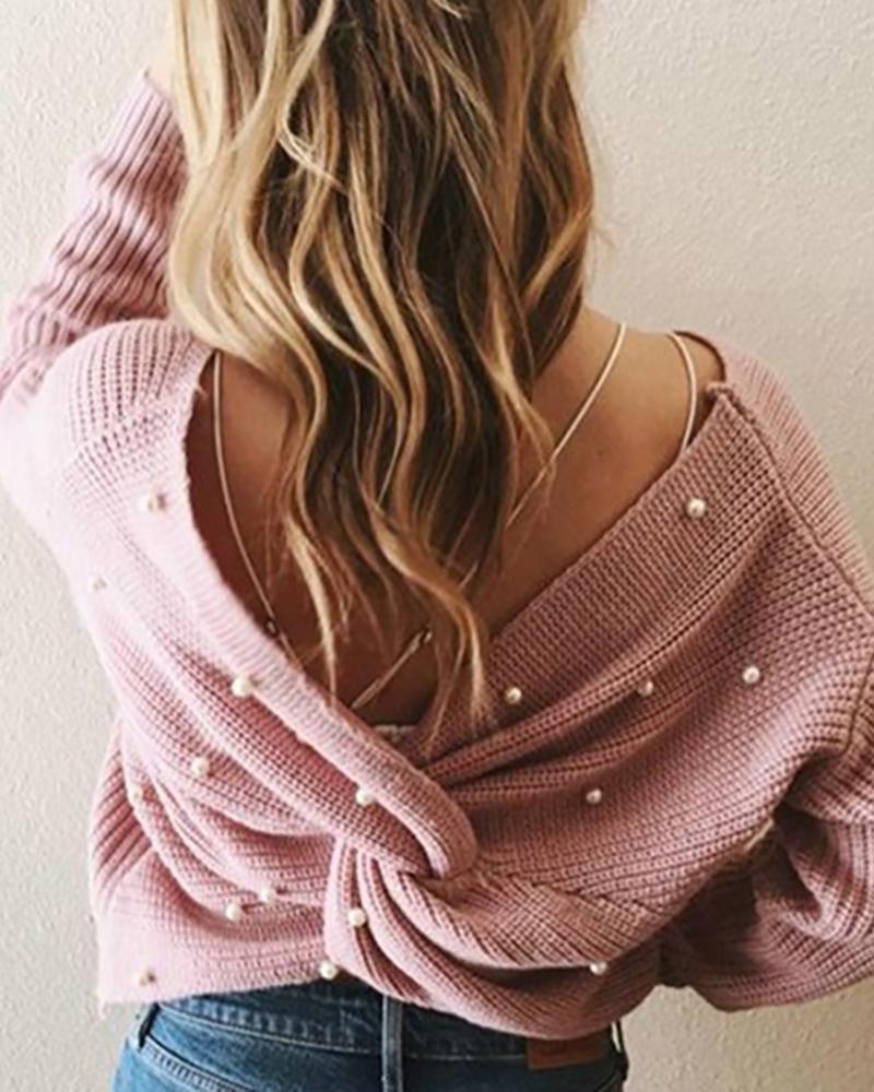 

Beaded Twisted Design Knitting Sweater, Pink