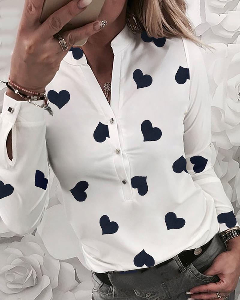 

Heart Print Buttoned Casual Blouse, White