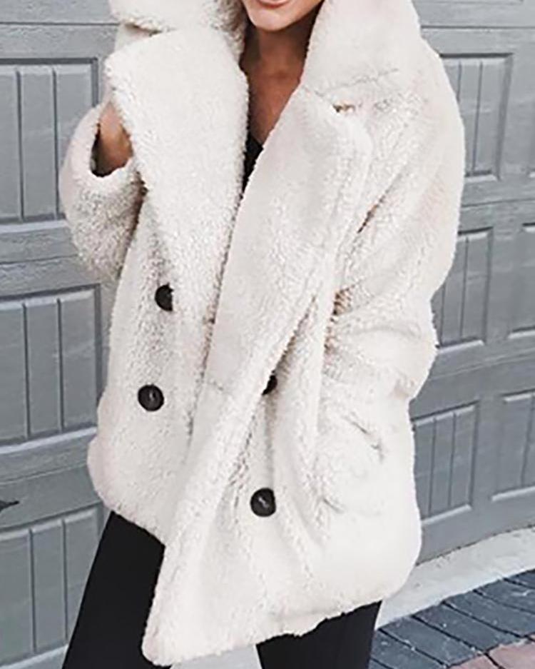 

Solid Fluffy Double-Breasted Pocket Design Coat, White