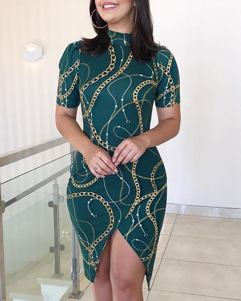 

Short Sleeve Chain Print Irregular Dress, Green