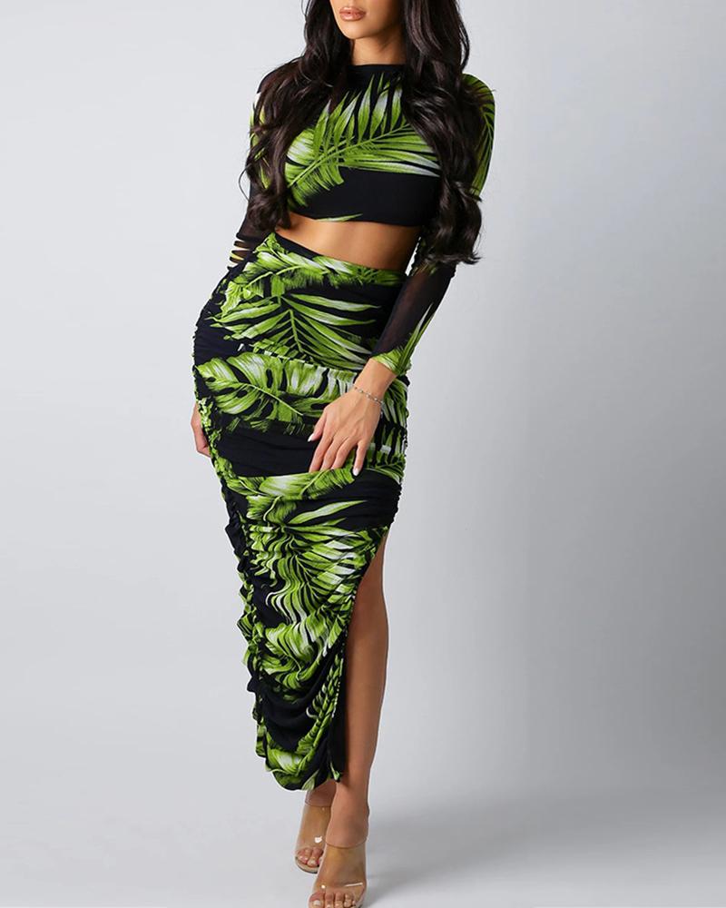 

Tropical Print Top & Long Slit Skirt Set, Green