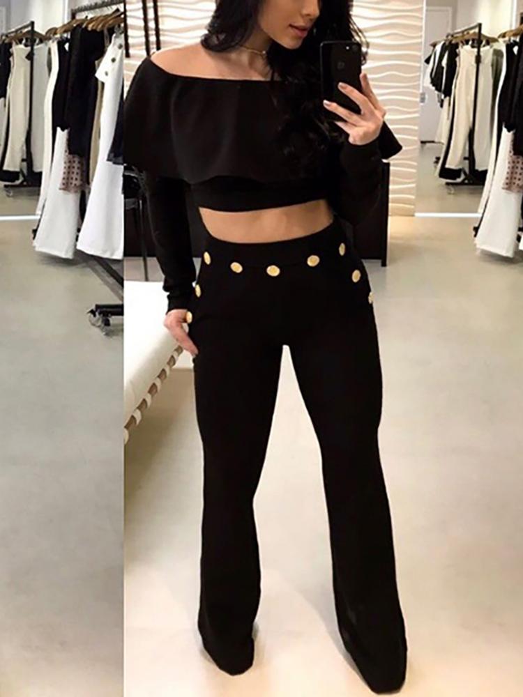 

Stylish Flared Layered Cropped Top&Button Pant Sets, Black