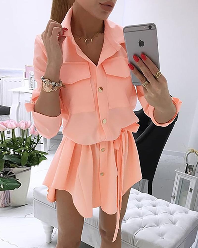 

Long Sleeve Pocket Design Irregular Shirt Dress, Orange