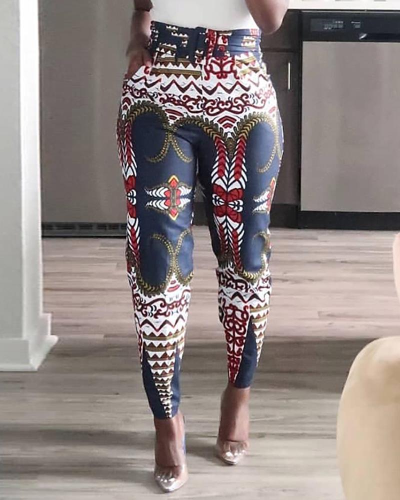 

High Waist Mixed Print Casual Pants, Blue