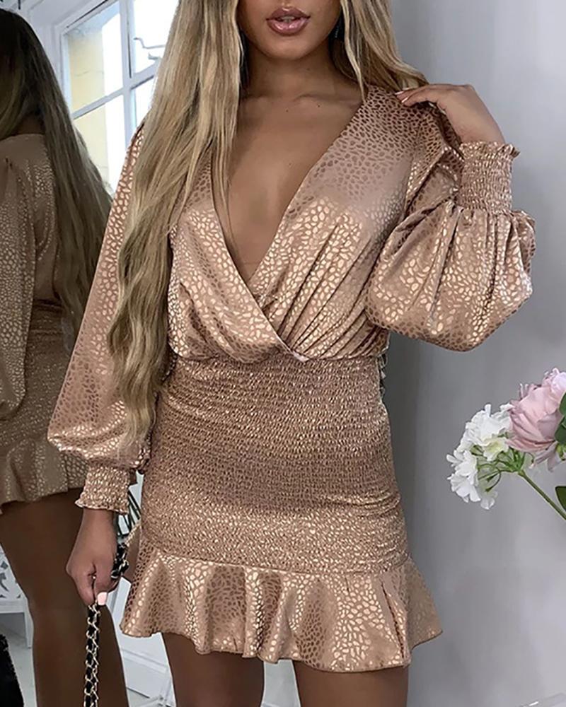 

Glitter Plunge Ruched Ruffled Mini Dress, Khaki