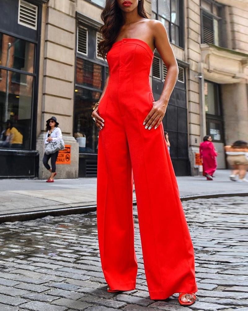 

Solid Tube Tight Waist Wide Leg Jumpsuit, Red