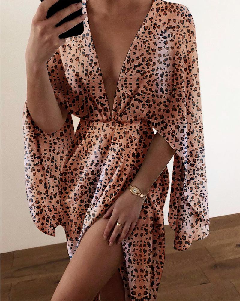 

Cheetah Print Plunge Ruched Detail Slit Cape Dress, Coffee