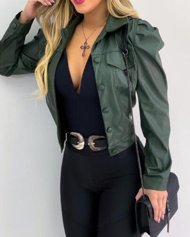 

PU Leather Buttoned Flap Detail Jacket, Army green