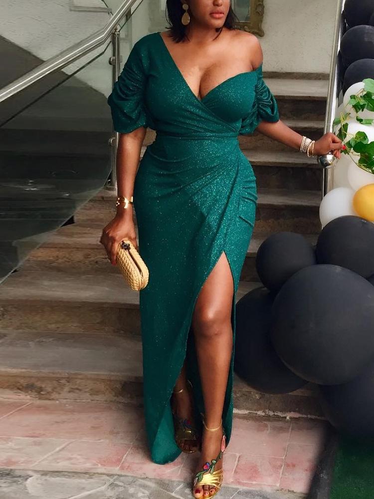 

Glitter Surplice Wrap Slit Evening Dress, Dark green