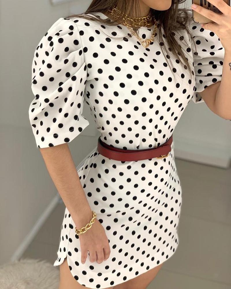 

Puffed Sleeve Belt Design Dots Print Dress, White