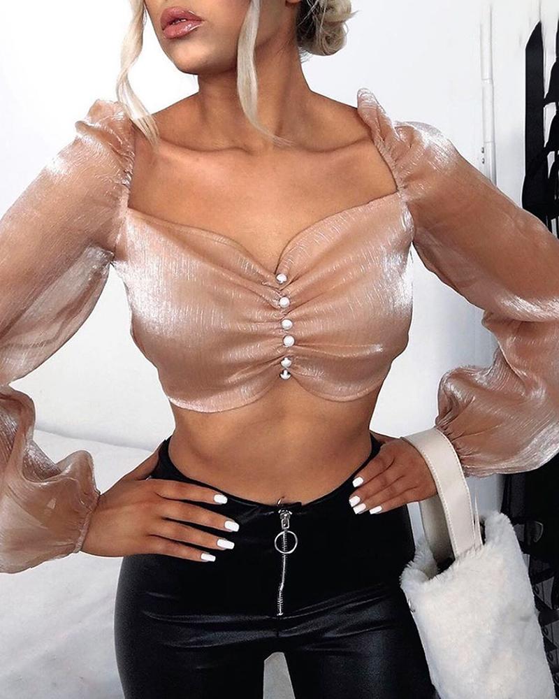 

Solid Mesh See Through Ruched Crop Top, Apricot