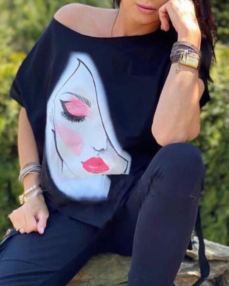 

Figure Print Round Neck Casual T-shirt, Black