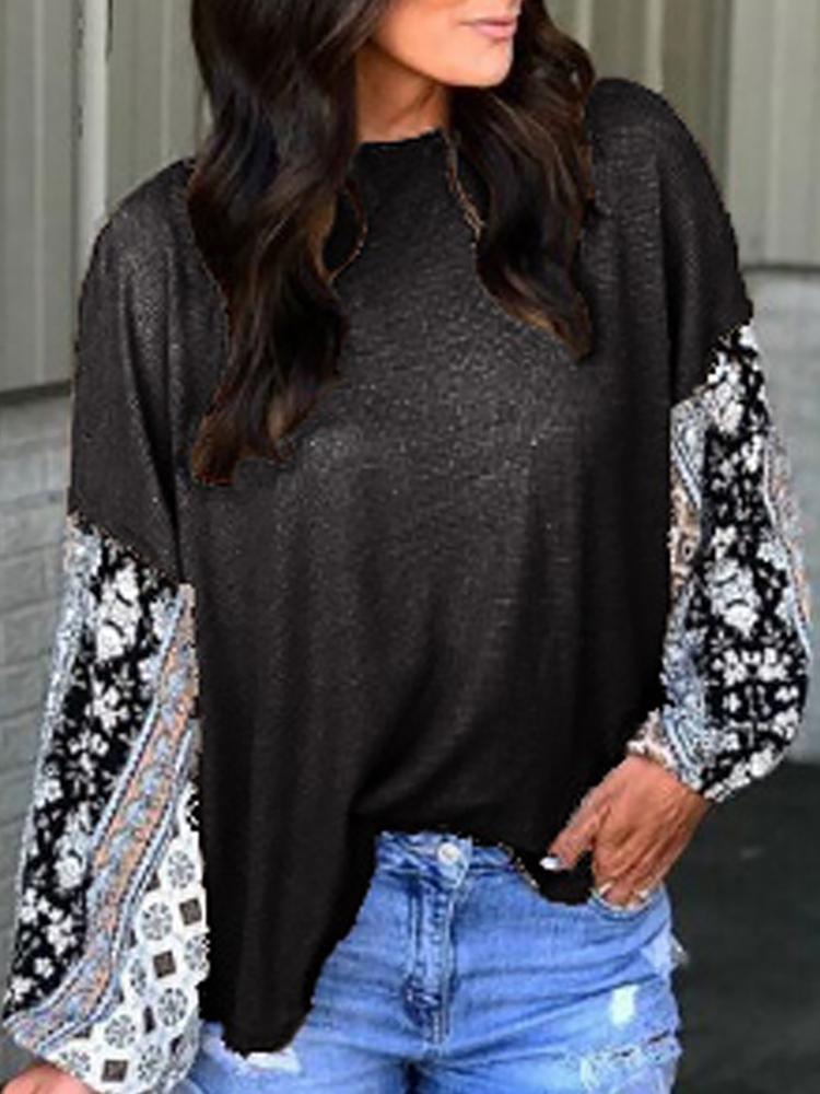 

Tribal Print Sleeve Splicing Long Sleeve T-shirt, Black