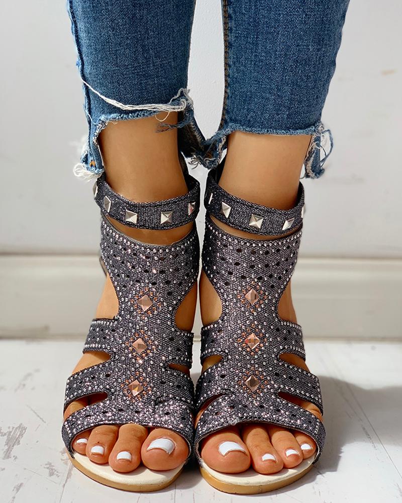

Studded Cut Out Wedge Sandals, Black