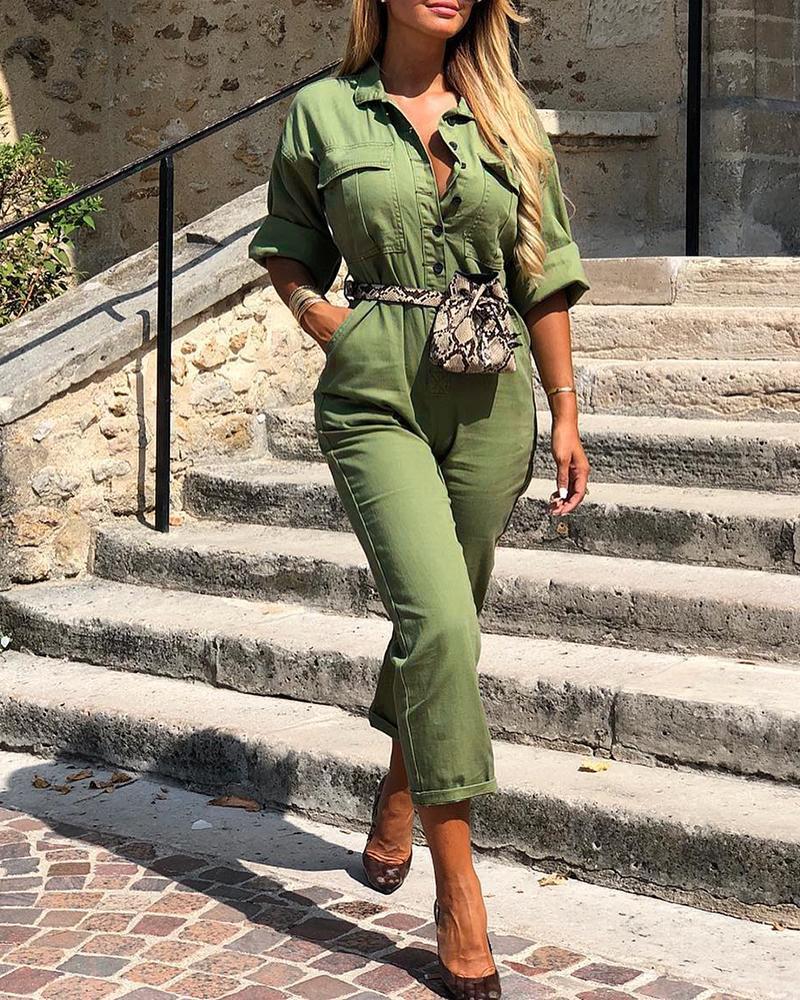 

Solid Bottoned Pockets Jumpsuit, Green