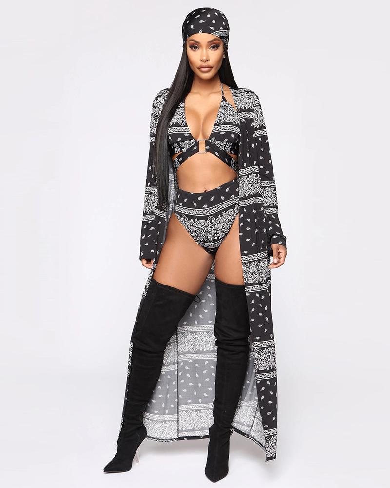 

Paisley Print Bikini Set With Cover Up & Headband, Black