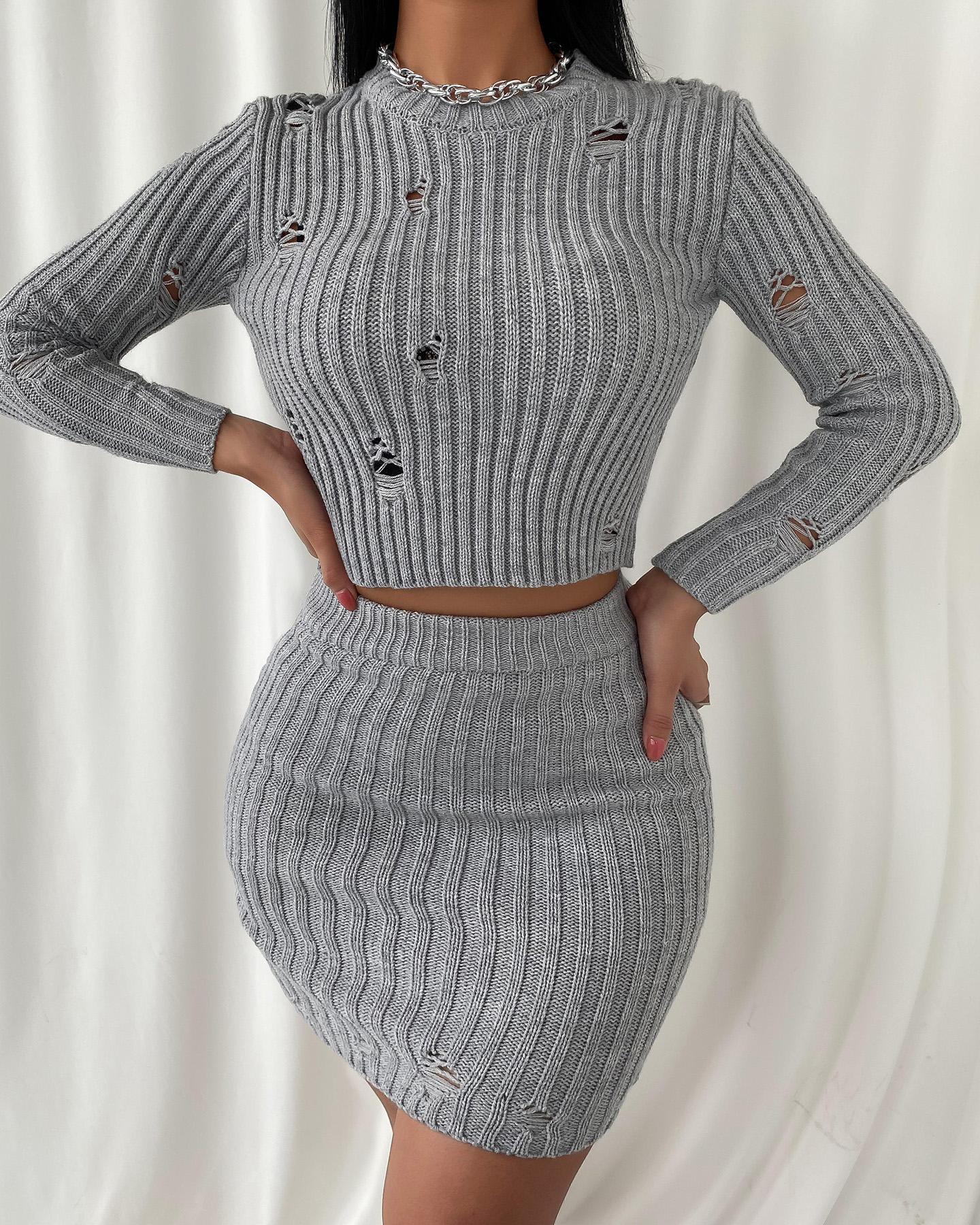 

Plain Hollow Out Knit Crop Top & High Waist Skirt Set, Gray