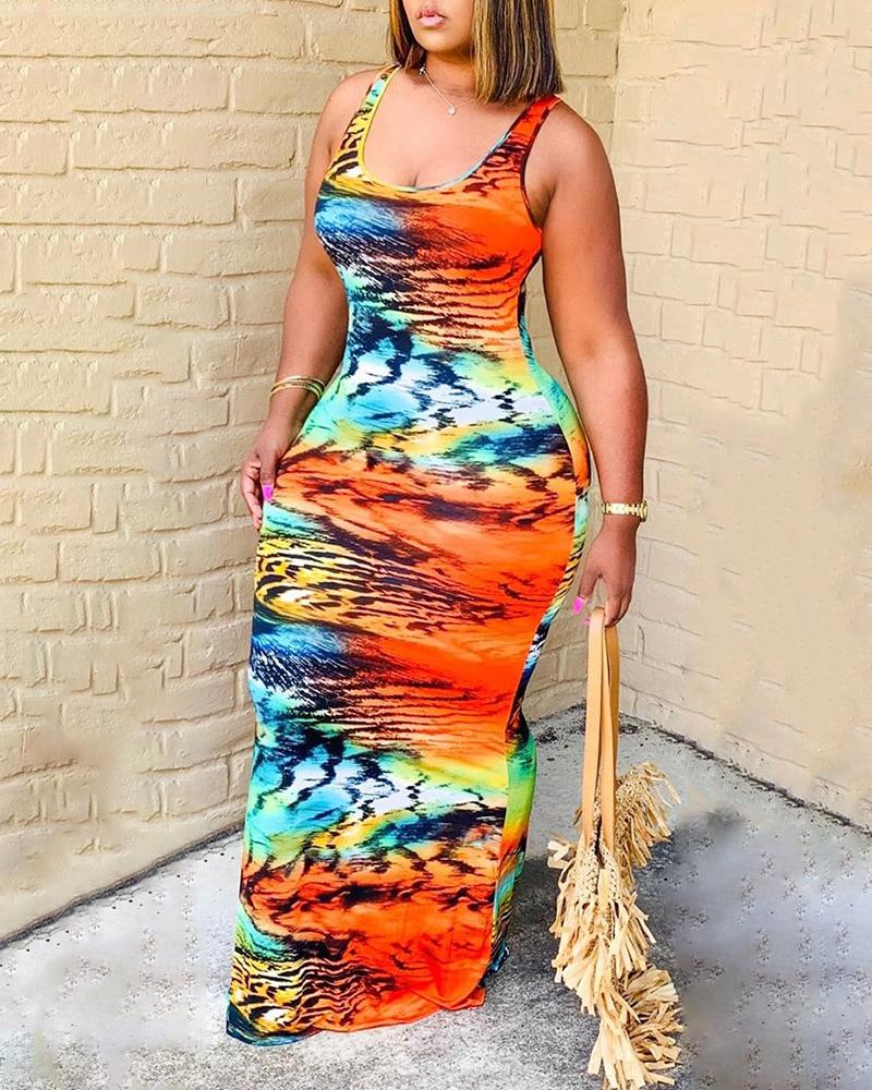 

Tie Dye Print Colorblock Casual Maxi Dress, Orange