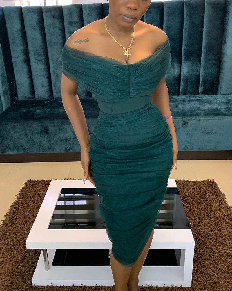 

Off Shoulder Ruched Mesh Midi Dress