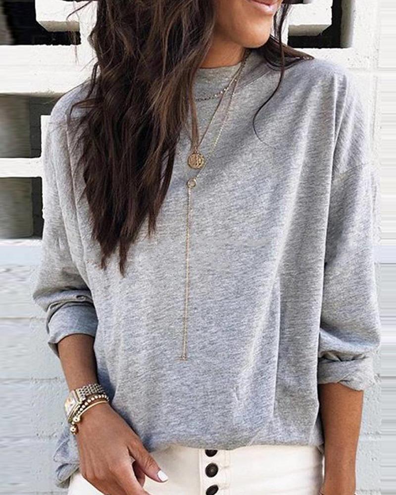 

Round Neck Long Sleeve Casual Top, Gray