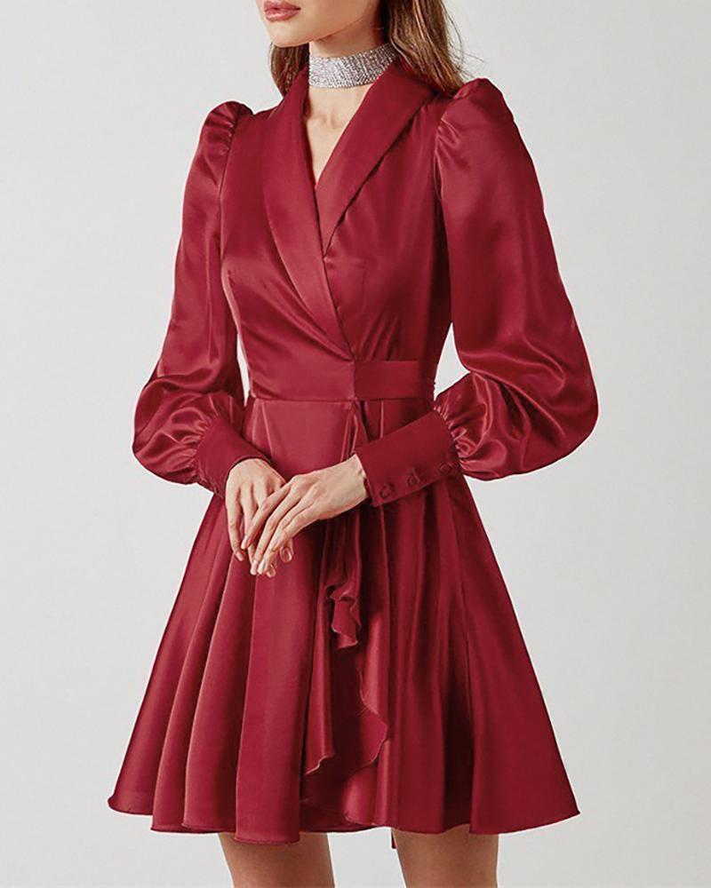 

Plain Tie Design Puff Sleeve Wrap Dress, Wine red