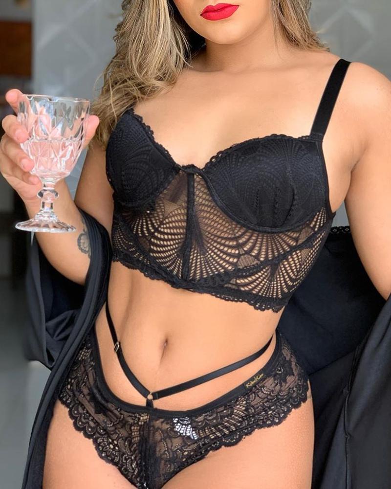 

Spaghetti Strap Hollow Out Lace Lingerie Set, Black