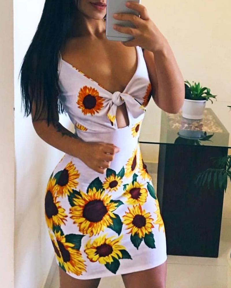 

Spaghetti Strap Sunflower Print Bodycon Dress