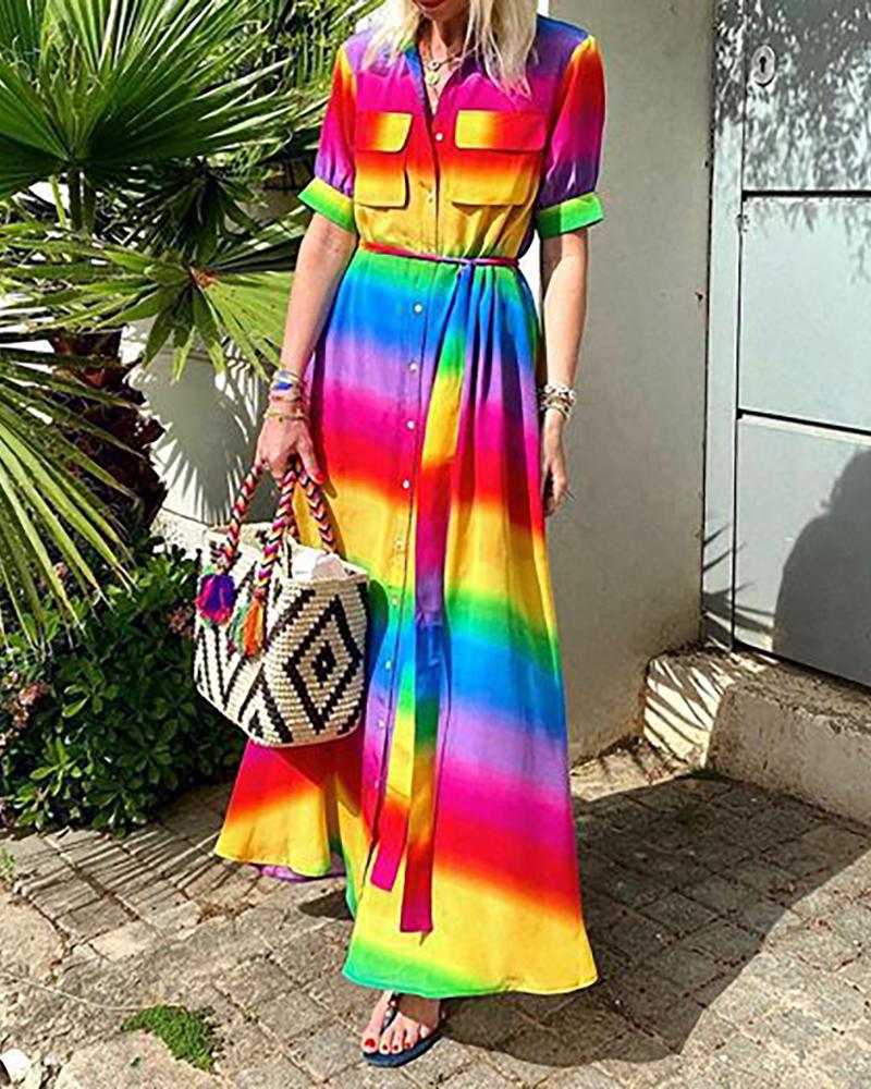 

Colorblock Pocket Design Buttoned Maxi Dress, Multicolor