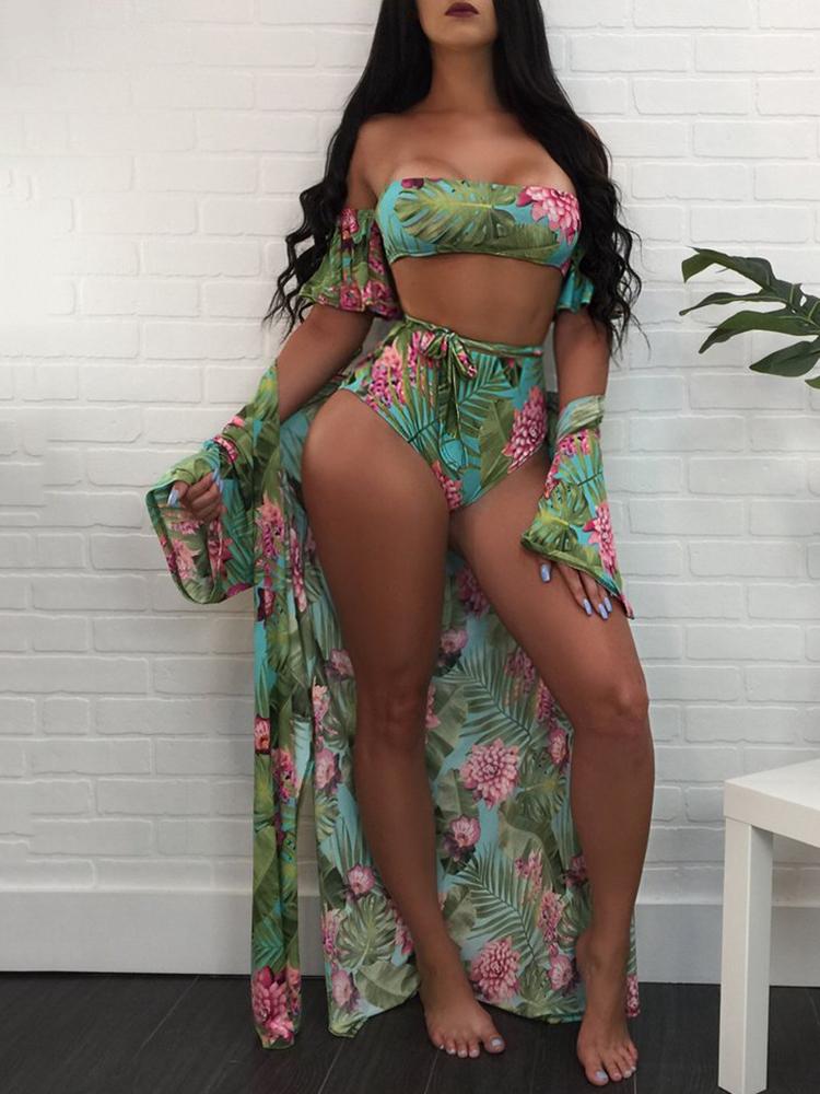 

3PCS Floral Crisscross Back Tied Bikini Set With Cover Ups, Green