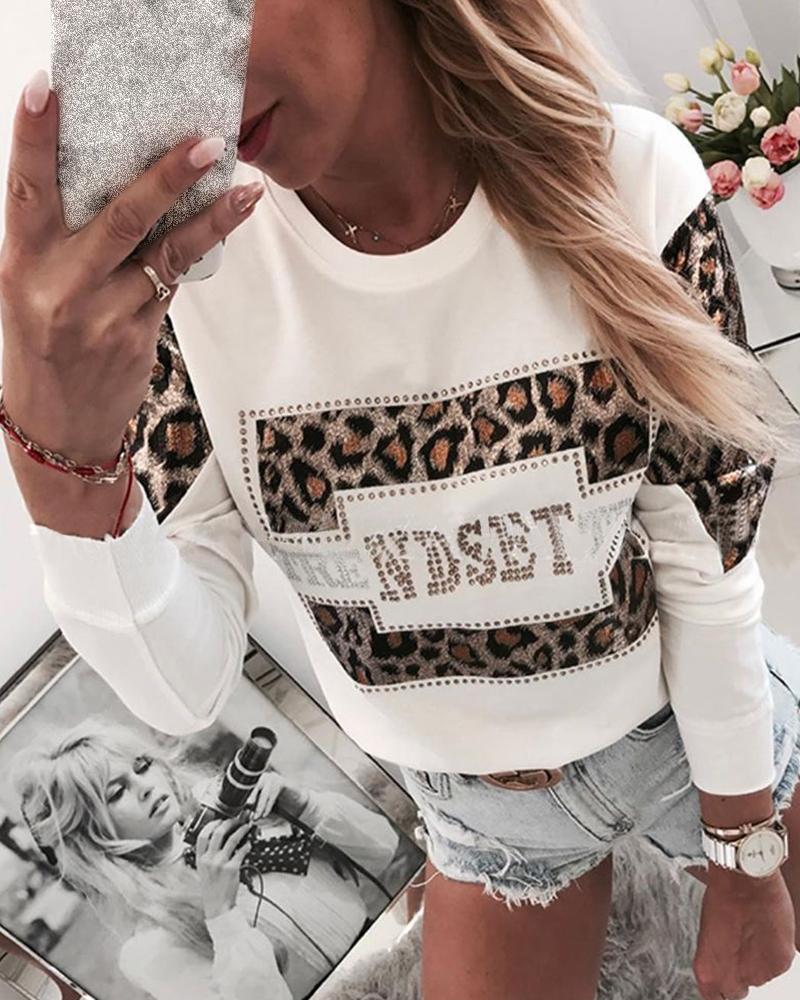 

Leopard Print Rhinestone Embellished Detail Sweatshirt, White