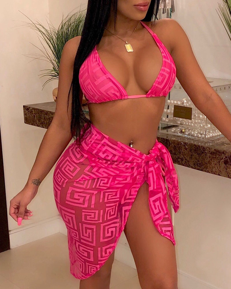 

3 Piece/Set Beach Bikini Set & Cover Ups, Hot pink