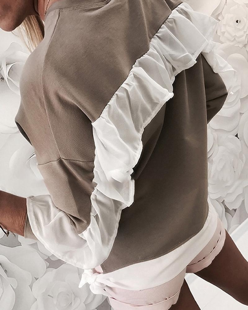 

Ruffles Patchwork Casual Sweatshirt, Coffee