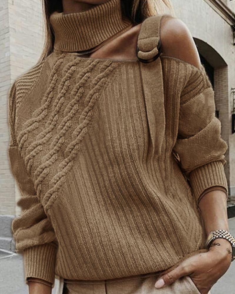 

Solid High Neck Cut Out Knitting Sweater, Brown