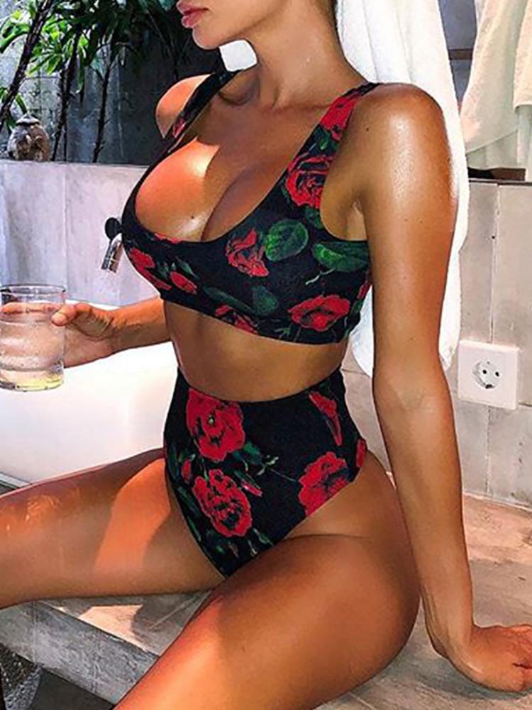 

Rose Thick Strap Bikini High Waist Swimsuit, Black