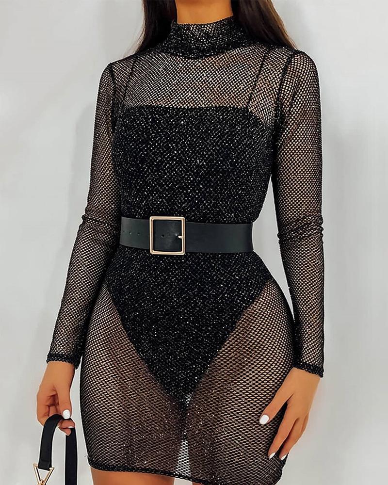 

Glitter See Through Fishnet Mesh Bodycon Dress, Black