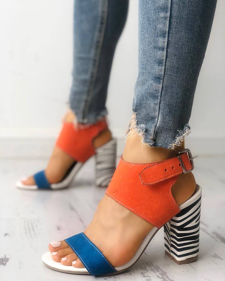 

Contrast Color Zebra Print Chunky Heeled Sandals, Orange