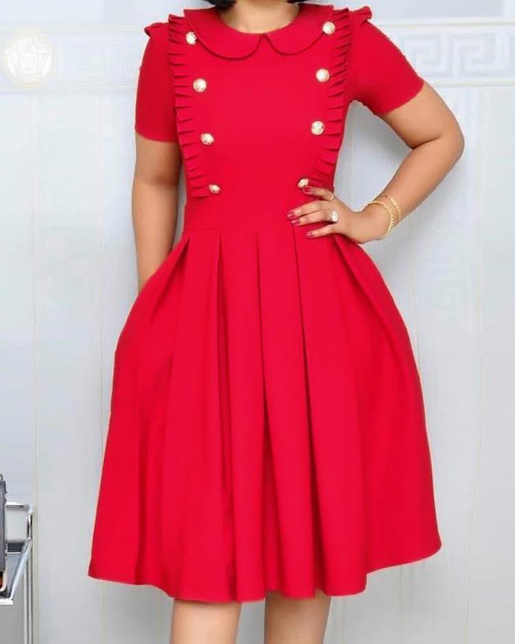 

Buttoned Ruched Design Pleated Dress, Red