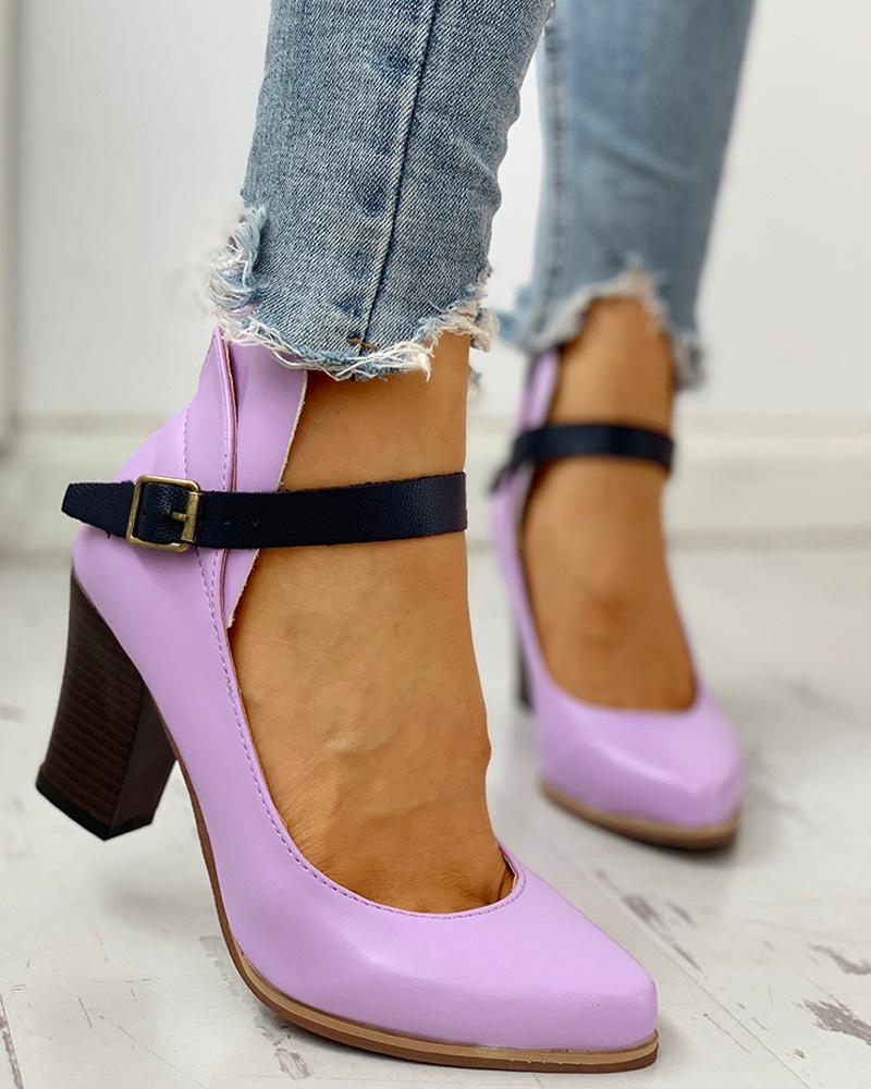 

Pointed Toe Ankle Buckled Chunky Heels, Purple