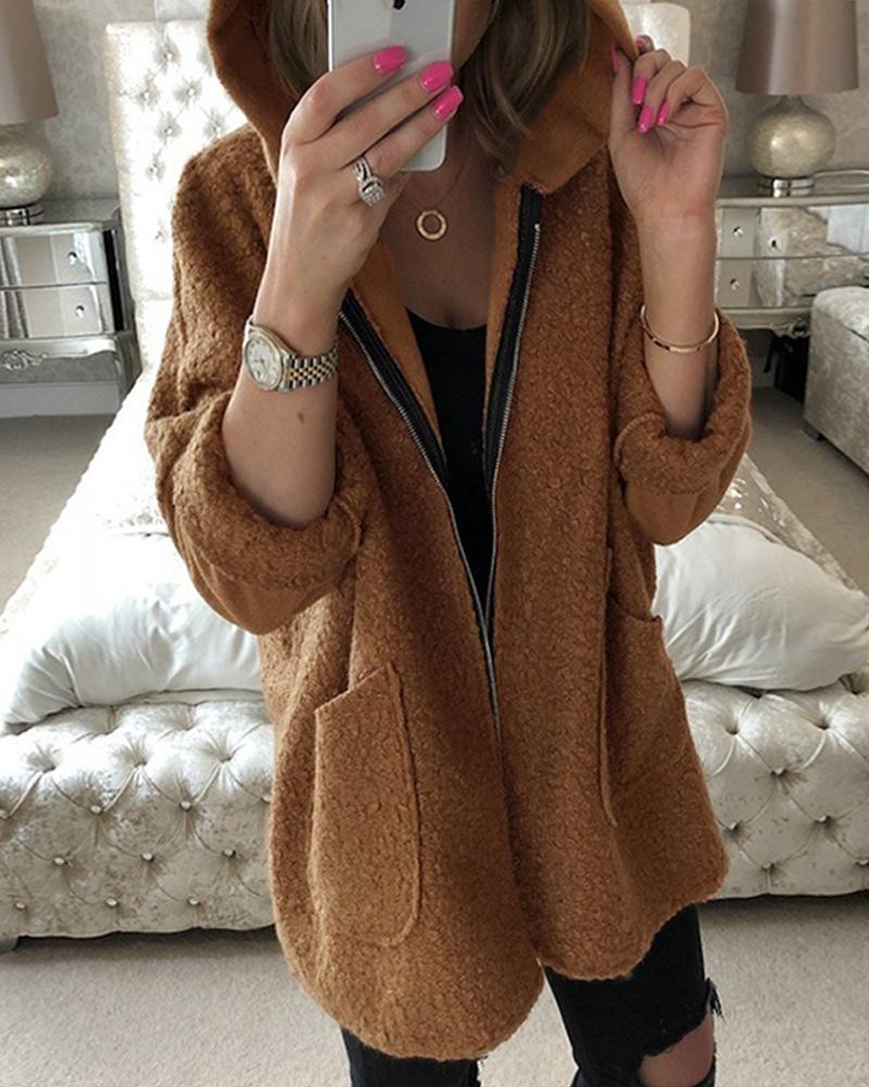 

Hooded Zip Front Casual Coat, Khaki