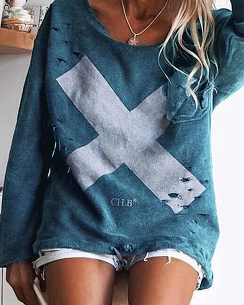 

Letter Print Hollow Out T-shirt, Blue