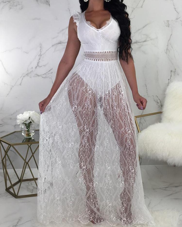 

Lace Overlay Hollow Out Backless Bodysuit Dress, White